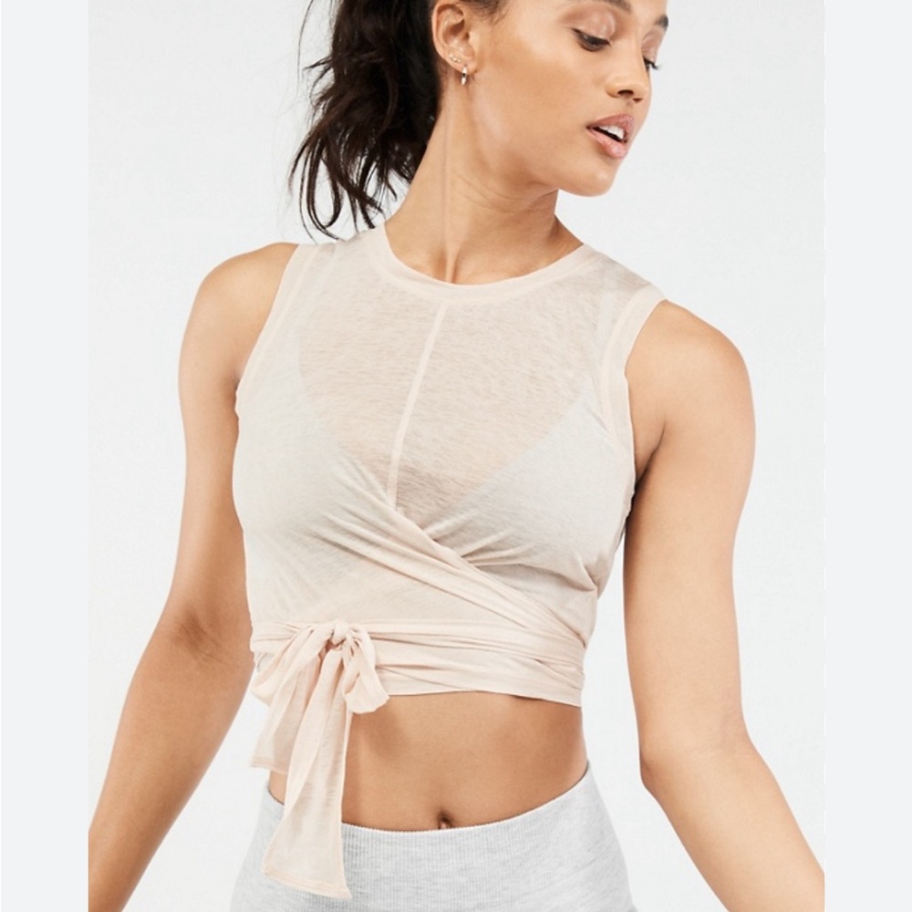 Fabletics Ryan Tie Up Crop Tank Womens Small Semi Sheer Slub Knit Beige‎ NEW